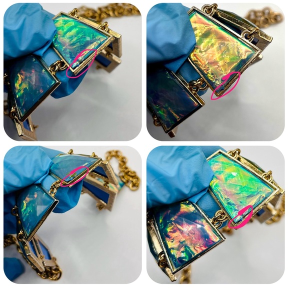 Vintage Style Opalescent Iridescent Green Gold Tone Geometric Statement Necklace - Picture 4 of 4